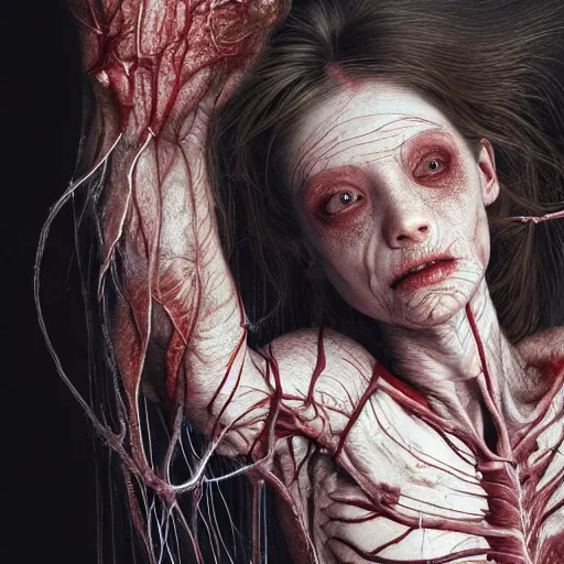 Prompt: female human, skin crackles, arteries and bones and veins and nerves and muscles visible, beautiful detailed intricate insanely detailed octane render, 8K artistic photography, photorealistic, chiaroscuro, by David Cronenberg, Raphael, Caravaggio