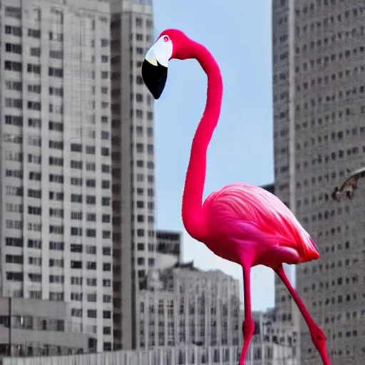 Prompt: photo of giant flamingo attacking a city