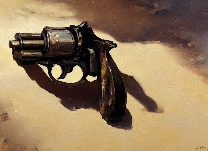 Image similar to oil painting of metallic revolver closeup, art by anders zorn, wonderful masterpiece by greg rutkowski, beautiful cinematic light, american romanticism by greg manchess, reflections in copper, sunlight, dust and steam