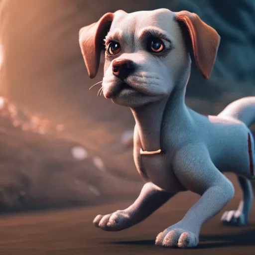 Image similar to dog character 1 1, small puppy, rich dog, high quality image, smart dog, dog with gun, 3 d render, dog in mountain, soft, concept art, intricate details, highly detailed, colorful, photorealistic, disney pixar, octane render, iridescent, anime, 8 k