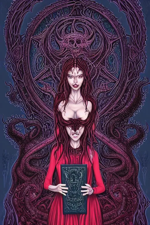 Prompt: ai illustration of demoness, her cat and her book of necronomicon, symmetrical, cinematic, sharp focus, 4 k, ultra hd, sense of awe, sinister demonic atmosphere, dreadful, forbidden knowledge, old gods, cthulhu, yog - sothoth! yah, yah, yah! cultist journal cover