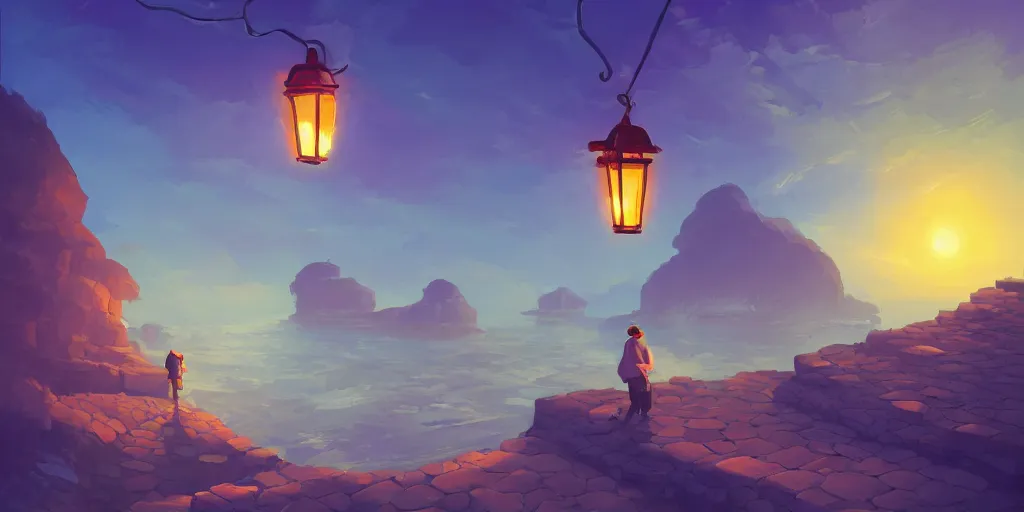 Prompt: a lonely cobblestone street with a business selling electrical appliances, a lantern, on a cliff over the sea at sunset, artstation, colorful sylvain sarrailh concept art, by peter chan, wrong perspective points