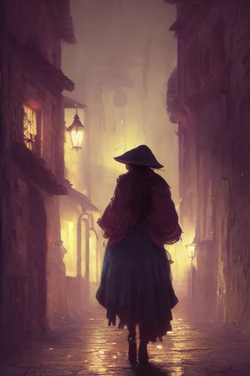 Prompt: A girl with big hat walking through the streets of a medieval village at night, glowing lights, oil painting, Greg Rutkowski, gustave doré, alphonse mucha, frank frazetta, unreal 5, hyperrealistic, cinematic view, octane render, RPG portrait, dynamic lighting, fantasy art, beautiful face