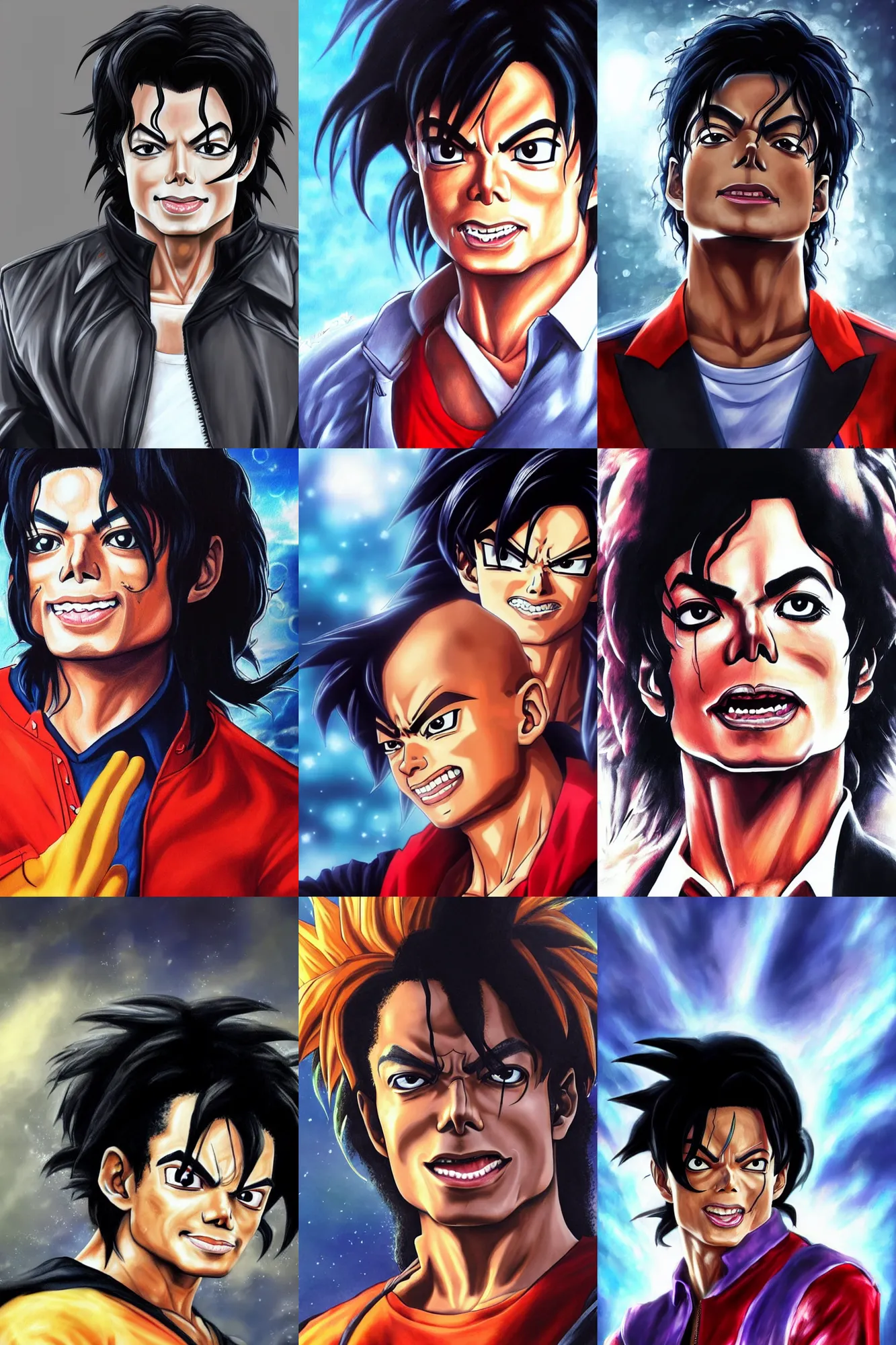 Prompt: michael jackson!!!! realistic !big face close up concept art of michael jackson as a dragon ball Z character, beautiful landscape bokeh , 4k anime character illustration by akira toriyama, artstation