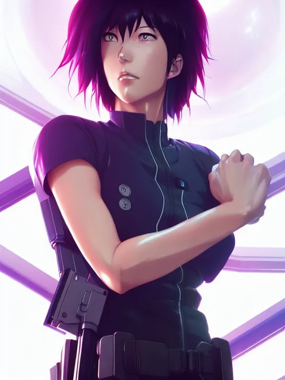 Image similar to a fullbody portrait of motoko kusanagi the major ghost in the shell : : stand alone complex, under repairs, maintenance : : by ilya kuvshinov, rossdraws, artgerm, sola digital arts, anti aliasing, raytracing : :