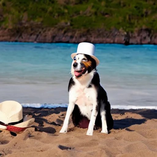 Image similar to Dog with white hat on the beach having a picknick