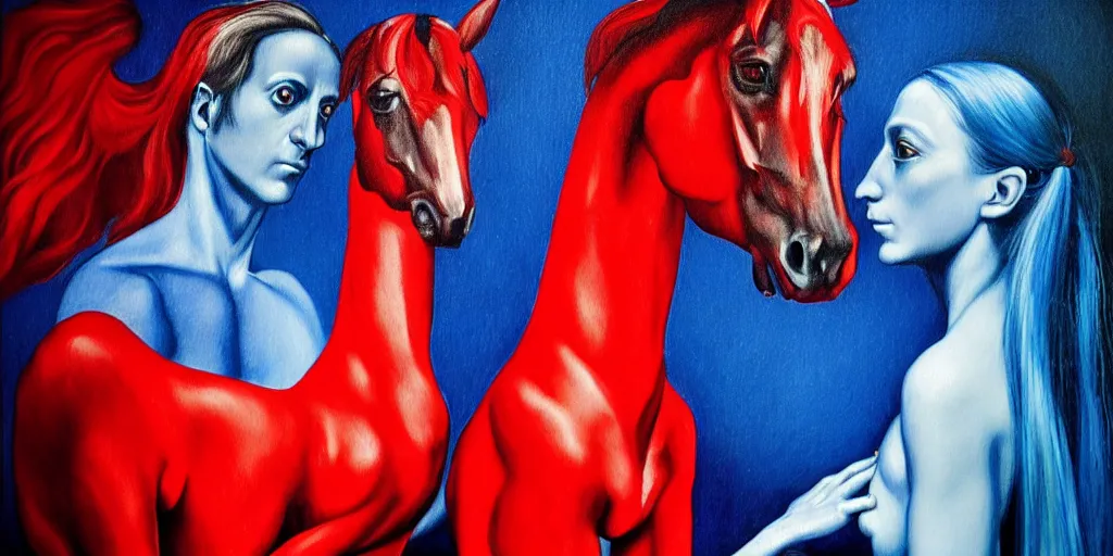 Image similar to only with blue, ney motogrosso in love with a red stallion, too many hands in all directions, in hoc signo vinces, waterfall, in the style of leonora carrington, gottfried helnwein, intricate composition, blue light by caravaggio, insanely quality, highly detailed, masterpiece, red light, artstation