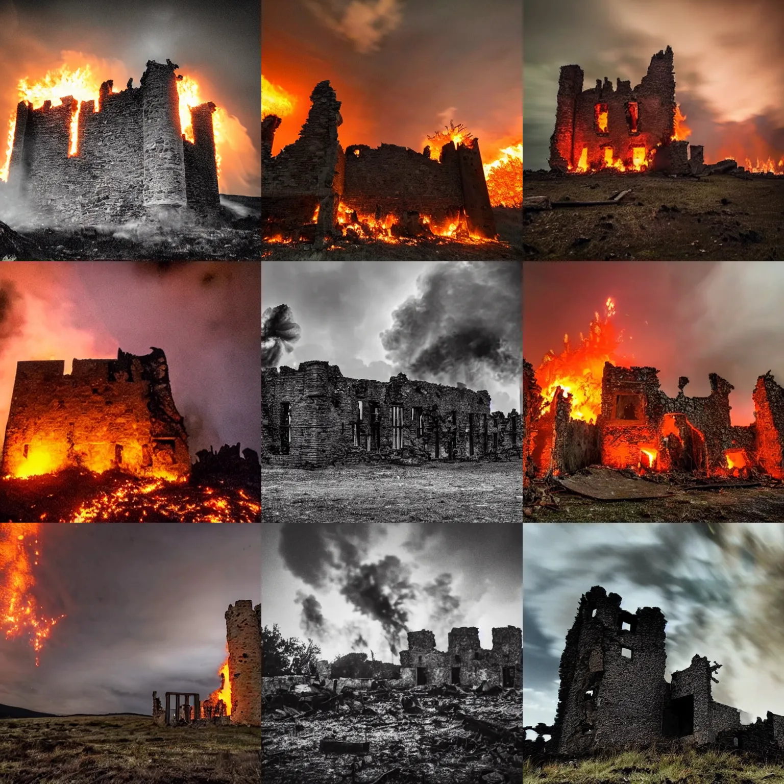 Prompt: photo of desolate castle ruins on fire engulfed in flames everywhere, burning at night, fireworks in the sky raining down glowing embers and burning debris, lots of smoke, fire, fire, fire, dark sky, darkness, night, night, night. photo. apocalyptic. doomsday. cursed images, found footage.