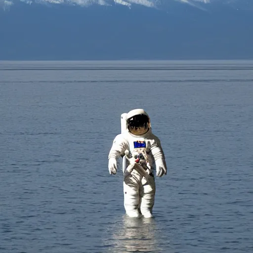 Prompt: an astronaut on Baikal lake