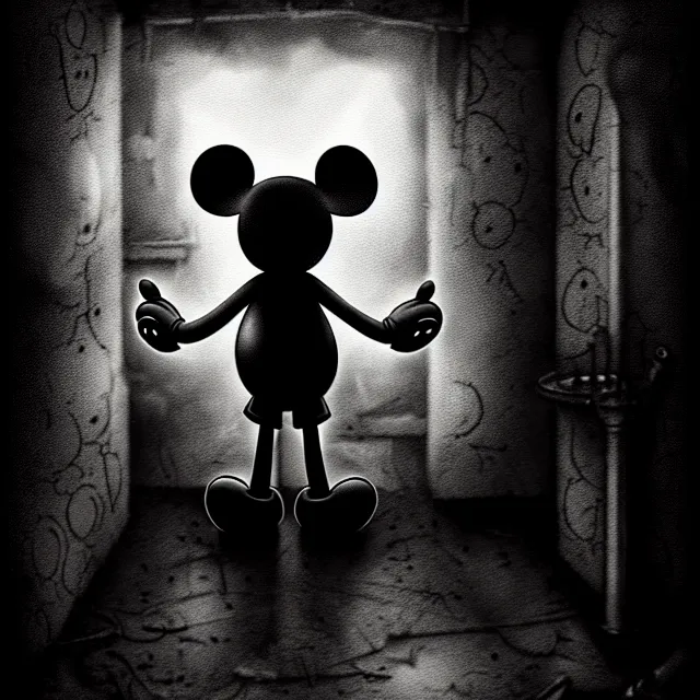 Prompt: Mickey Mouse in creepy Backrooms, best on artstation, cgsociety, ,epic, stunning, gorgeous, masterpiece photograph, dark and foreboding mood, creepy, scary, dangerous