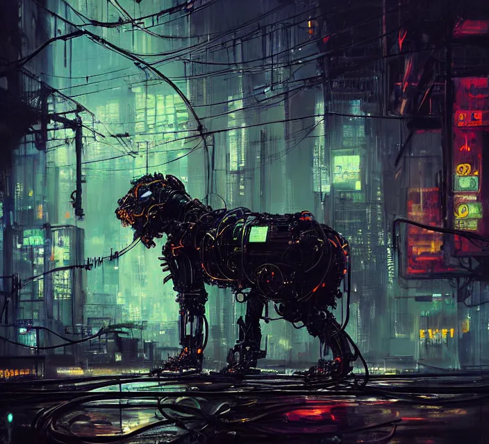 Image similar to robot cyborg lion, many wires and neon lights exposed, metal and glowing eyes, cyberpunk, highly detailed painting by jeremy mann and cd projekt red