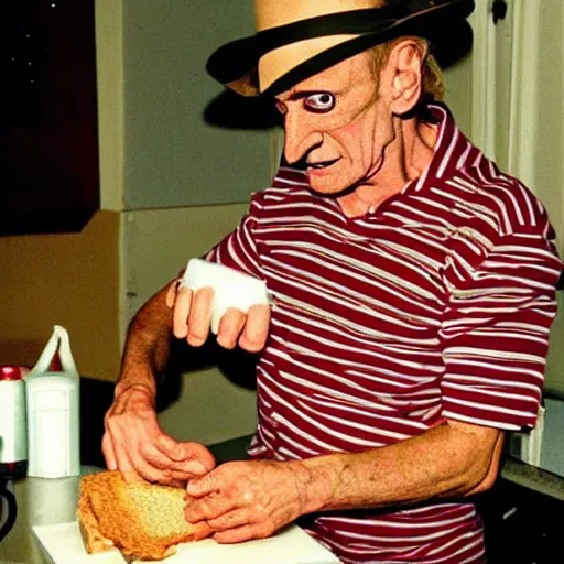 Prompt: freddy krueger making a peanut butter jelly sandwich