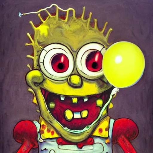 Image similar to grunge painting of spongebob with a wide smile and a red balloon by chris leib, loony toons style, pennywise style, corpse bride style, horror theme, detailed, elegant, intricate