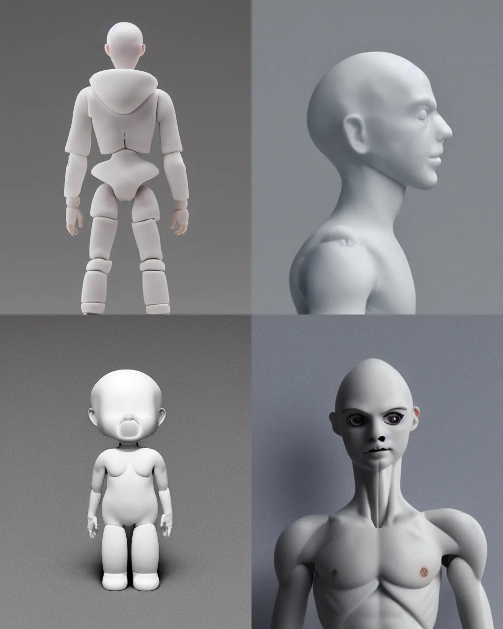 Image similar to a photo of a genderless white toy figurine made from resin, ceramic, headless, pillhead, pale head, bald, smooth skin, even surface, minimalistic, octane rendering, ambient lighting, orange subsurface scattering