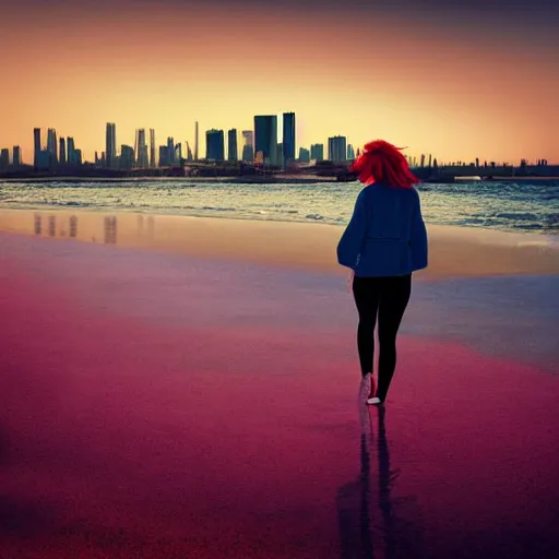 Prompt: lonely young woman with red hair, magenta coat, and light blue pants ; wandering a beach at sunset with a city skyline on the horizon, digital painting, anime inspired, warm lighting, swimming pool in foreground