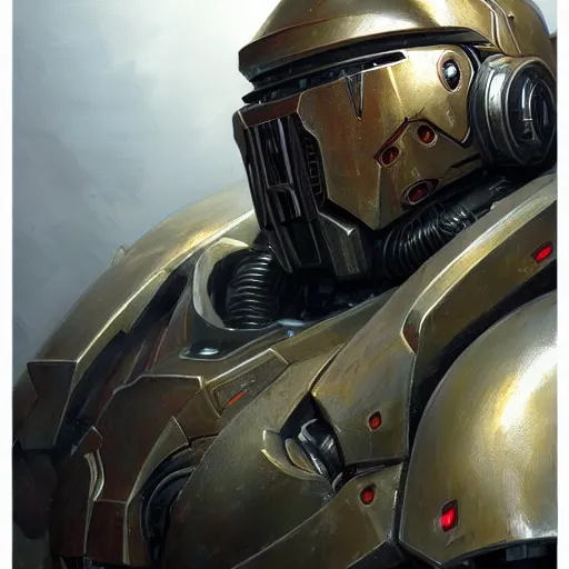 Prompt: the doomslayer, realistic scifi cyberpunk power armor robot, closeup portrait art by donato giancola and greg rutkowski, vintage retro scifi, realistic face, digital art, trending on artstation, symmetry