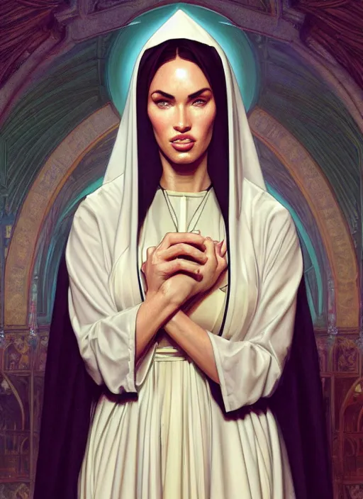 Prompt: portrait of megan fox as a sexy and sultry nun, catholic, church, bible, christian, intricate, headshot, highly detailed, digital painting, artstation, concept art, sharp focus, cinematic lighting, illustration, art by artgerm and greg rutkowski, alphonse mucha, cgsociety