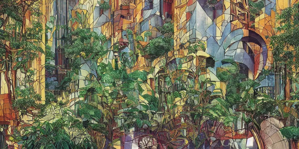 Image similar to masterpiece, graphic illustration of afro futurist florence courtyard designed by by frank lloyd wright architect, plants and trees on walkways low buildings, green energy, bicycles,, bill sienkiewicz, plants trail from balconys, abstract mirrored sculptures, insanely detailed and intricate