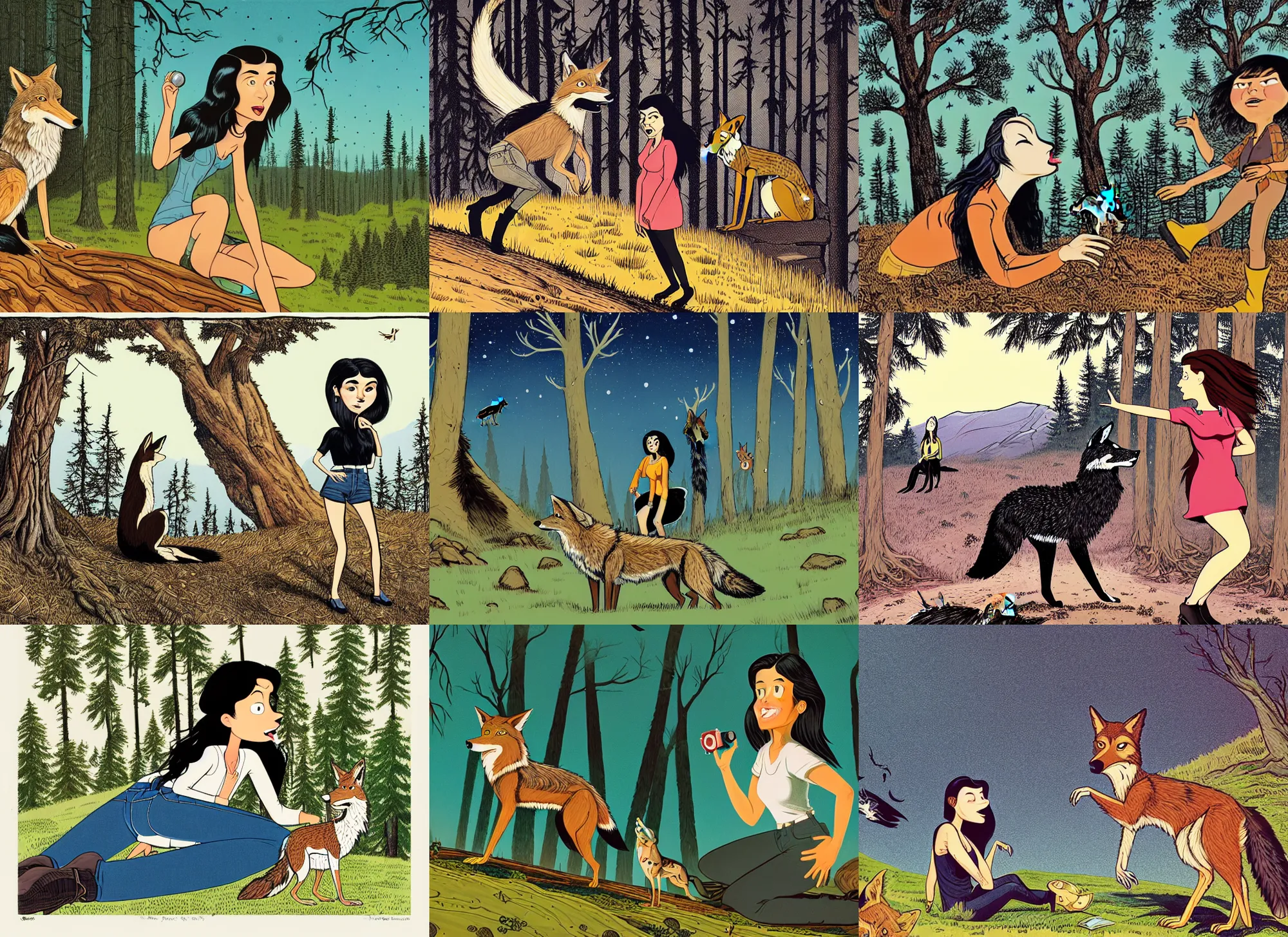 Prompt: a closeup of a young black haired woman wearing jeans, talking with a coyote on the top of a forested hill. dynamic conversation, jon macnair, gary baseman, flat matte art, pedro correa, mort drucker, story book, intricate detailed, nettie wakefield
