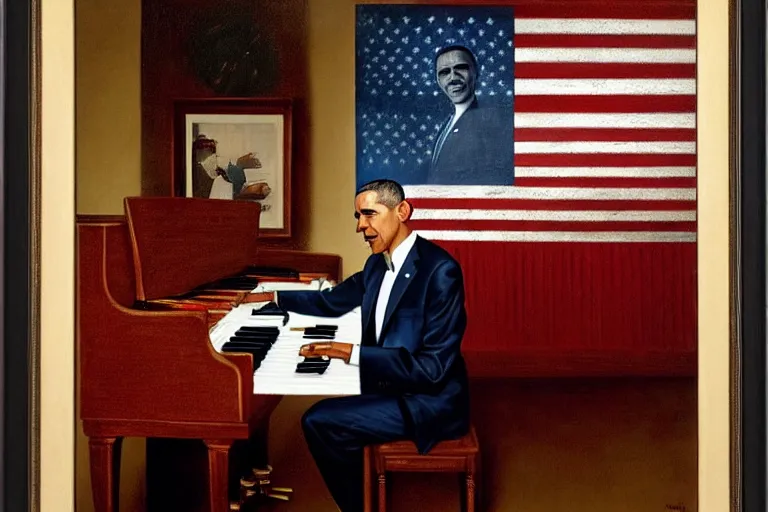Prompt: a portrait Barack obama wearing an american flag tuxedo suit and playing the piano by normal rockwell