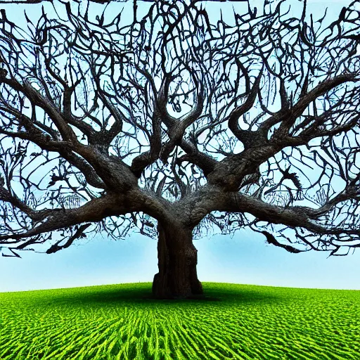 Prompt: oak tree with huge vines standing alone in a field with fractal pattern branches clear focus, concept art, digital art