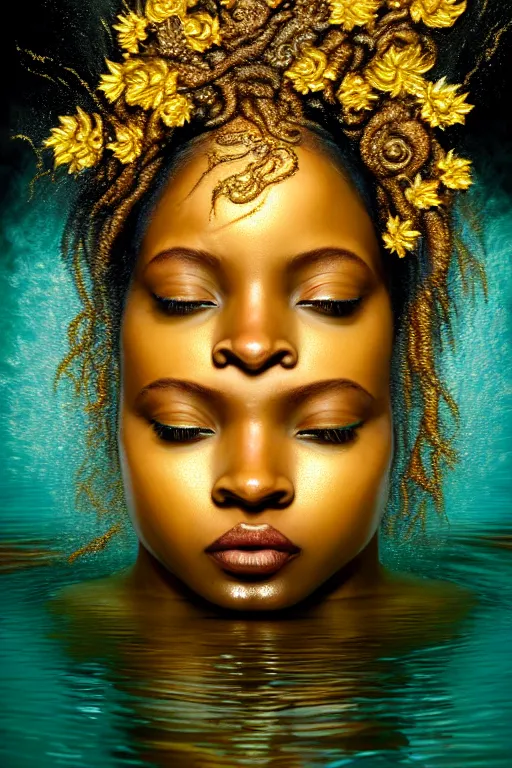 Image similar to hyperrealistic neo - rococo cinematic very expressive! black oshun goddess, open eyes, body in water, mirror dripping droplet!, gold flowers, highly detailed face, digital art masterpiece, smooth eric zener cam de leon dramatic pearlescent teal light, ground angle uhd 8 k, sharp focus