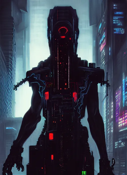 Prompt: cyberpunk spawn as a brooding figure of the dark caught in the never - ending push and pull between good and evil diffuse lighting, fantasy, intricate, highly detailed, lifelike, photorealistic, digital painting, artstation, illustration, concept art, smooth, sharp focus, art by john collier and albert aublet and krenz cushart