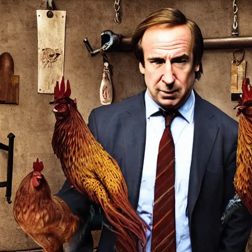 Prompt: saul goodman and a rooster in a medieval torture chamber, saw blades and knives in the background, horror movie, saul goodman!!, rooster!!!!!!, real life photo, detailed face