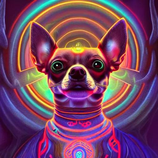 Image similar to a chihuahua with a third eye living in an extradimensional reality, in the style of wlop and alex grey, illustration, epic, fantasy, hyper detailed, smooth, unreal engine, sharp focus, ray tracing, physically based rendering