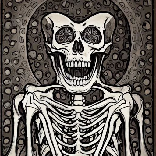 Image similar to a giant skeleton laughing, art nouveau, beautiful, detailed