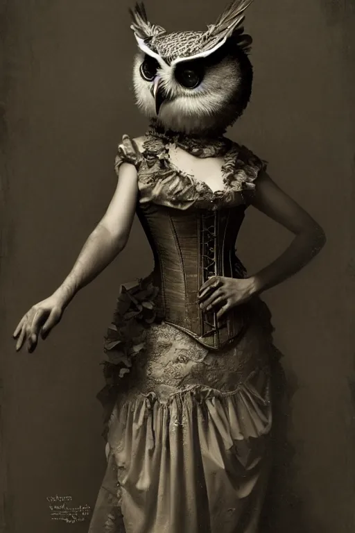 Image similar to wet plate photograph of an anthropomorphic owl dressed in a victorian - era corset dress, dramatic lighting, highly detailed, digital painting, artstation, concept art, smooth, sharp focus, illustration, art by wlop, mars ravelo and greg rutkowski