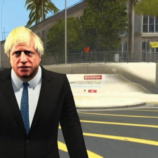 Prompt: a screenshot of Boris Johnson in the game GTA V
