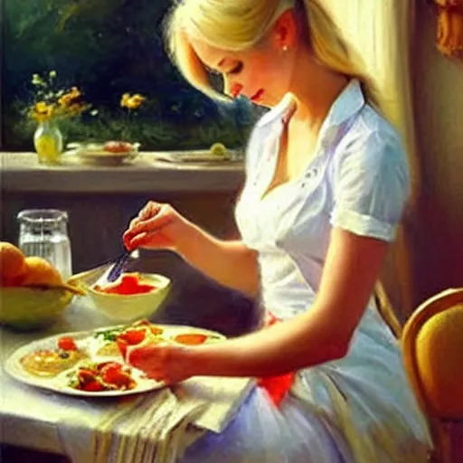 Image similar to young blonde wife making breakfast for her husband, painting by Vladimir Volegov,