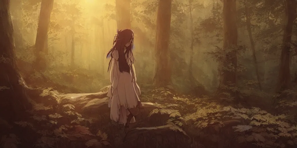 Image similar to portrait of woman, forest background, long brown hair, cloth, princess mononoke, 4 k, greg rutkowski, high detail, dramatic lighting, sunset, hayao miyazaki, masashi ando, nizou yamamoto, kazuo oga, joe hisaishi, yoji takeshige, naoya tanaka