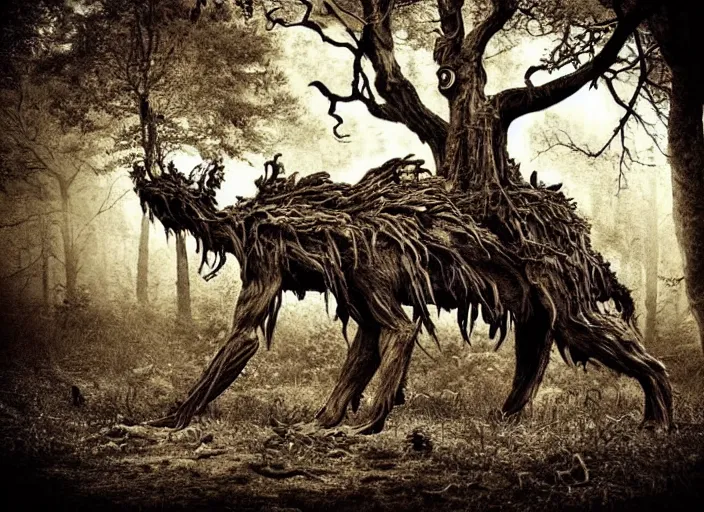 Image similar to an incredibly scary and very very unique monster creature of evil nature with animal, human and tree like characteristics, ancient folk legend in the forest, extremely creative and detailed, sepia photography