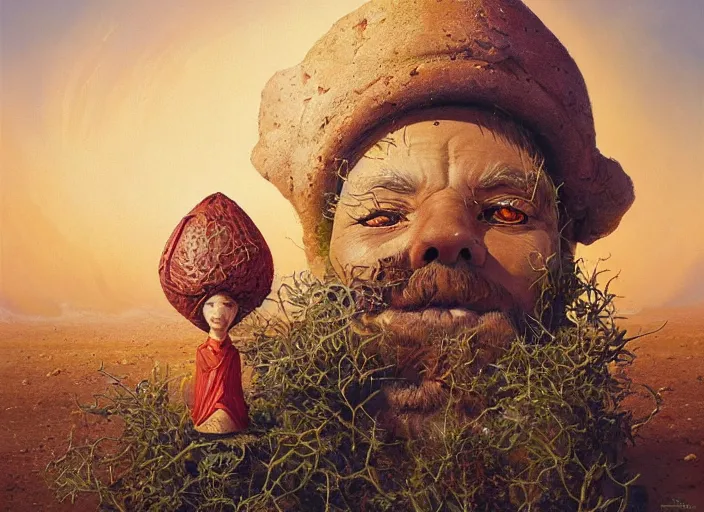 Image similar to a forgotten garden gnome surviving in a vast barren desert, hopeless wasteland background with a relentless raging sun overhead, hot, oppressive, an ultrafine detailed painting by by karol bak and filip hodas, trending on deviantart, pop surrealism, whimsical, lowbrow, perfect symmetrical face