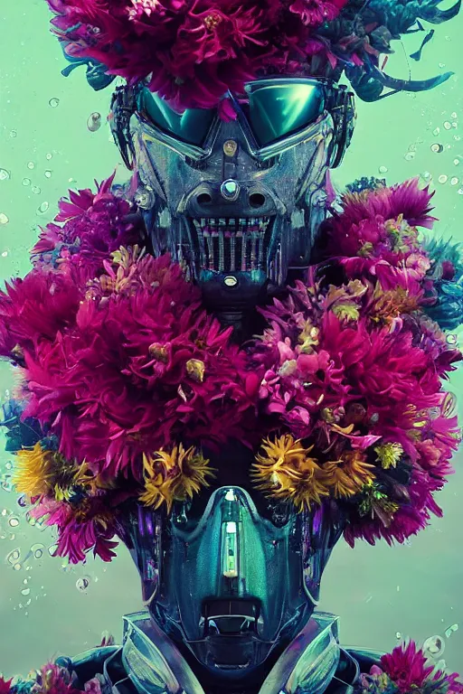 Image similar to closeup, underwater digital painting of a robot wearing a suit made of flowers, cyberpunk portrait by Filip Hodas, cgsociety, panfuturism, abstract expressionism, scribbles, made of flowers, dystopian art, vaporwave