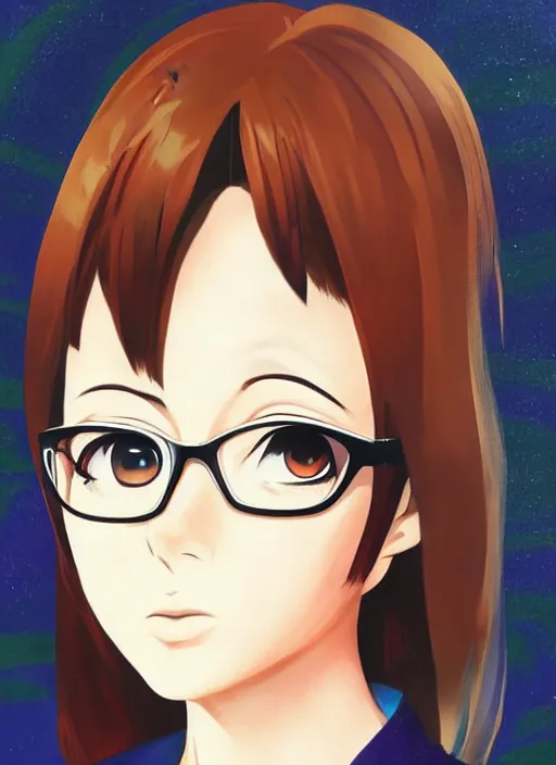 Image similar to Painting of Velma Dinkley, anime style, winged eyelashes, urban, calm, fantasy character portrait, dark outlines, dynamic pose, above view, sunny day, artwork by Makoto Shinkai, very coherent asymmetrical artwork, sharp edges, perfect face, simple form, 100mm