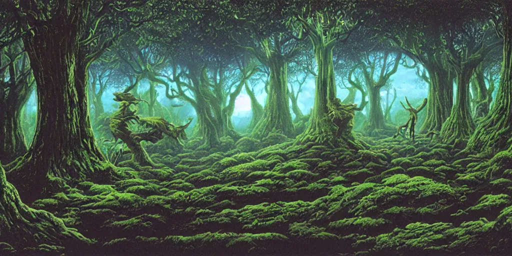 Image similar to Artwork by Tim White of the cinematic view of the Woodland of the Dark Lord.