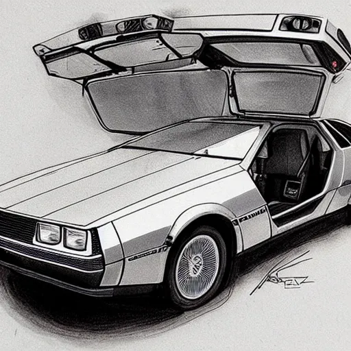 Image similar to dmc delorean car in style of leonardo da vinci sketch diagram