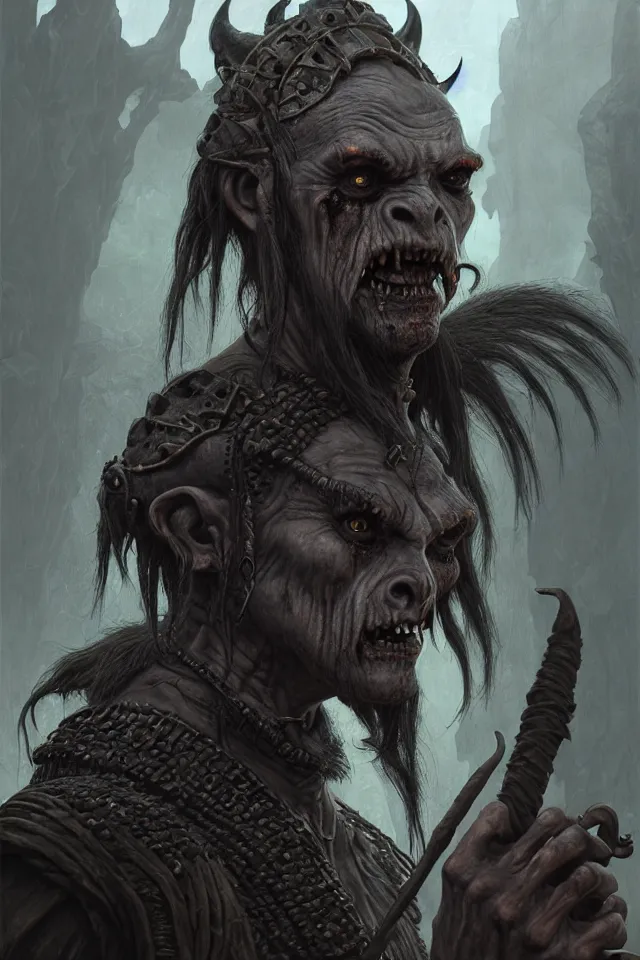 Prompt: portrait of an undead gray nomadic orc, looking at camera, d & d, savage warrior, black leather attire, aztec hair, large noses, intricate, fantasy, extremely detailed, digital painting, artstation, concept art, smooth, sharp focus, illustration, ambient lighting, art by artgerm and greg rutkowski and alphonse mucha and simon stalenhag