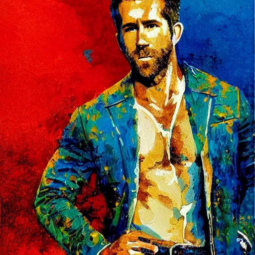 Prompt: ryan reynolds by leroy neiman, intricate, ultra detailed painting, atmospheric lighting, golden hour