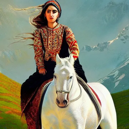 Image similar to full body shot of a beautiful young kurdish woman riding a beautiful white horse in the kurdish mountains art by martin ansin, highly detailed, 8 k, high resolution, award winning art, incredibly intricate, beautiful and symmetrical face