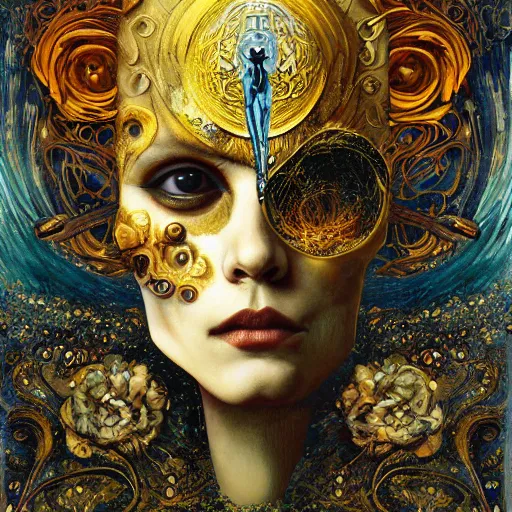 Image similar to Memento Mori by Karol Bak, Jean Deville, Gustav Klimt, and Vincent Van Gogh, beautiful visionary mystical portrait, calavera, otherworldly, fractal structures, ornate gilded medieval icon, third eye, spirals, calavera by Amano