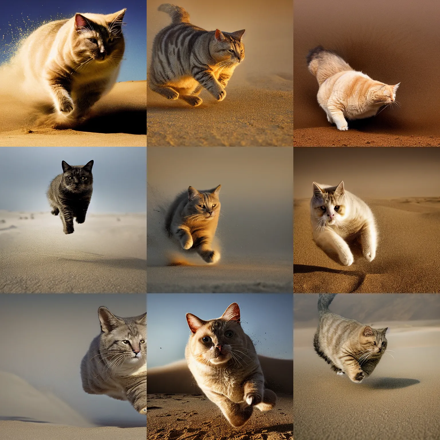 Prompt: award winning wildlife photography, a fat house cat, midair, running towards the camera, straight shot, high shutter speed, dust and sand in the air, wildlife photography by Paul Nicklen, shot by Joel Sartore, Skye Meaker, national geographic, perfect lighting, blurry background, bokeh