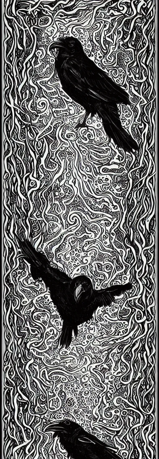 Prompt: psychedelic, monochrome artwork!!, of a raven and raven combined, in front of an owl that is a window into the ocean, by didier comes, graphic novel art,