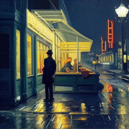 Prompt: A yorkie at night in the world of Edward Hopper, stormy snowy weather, streetlights, extremely detailed masterpiece, oil on canvas, low-key neon lighting, artstation, Blade Runner 2049, Roger Deakin’s cinematography, by J. C. Leyendecker and Peter Paul Rubens,