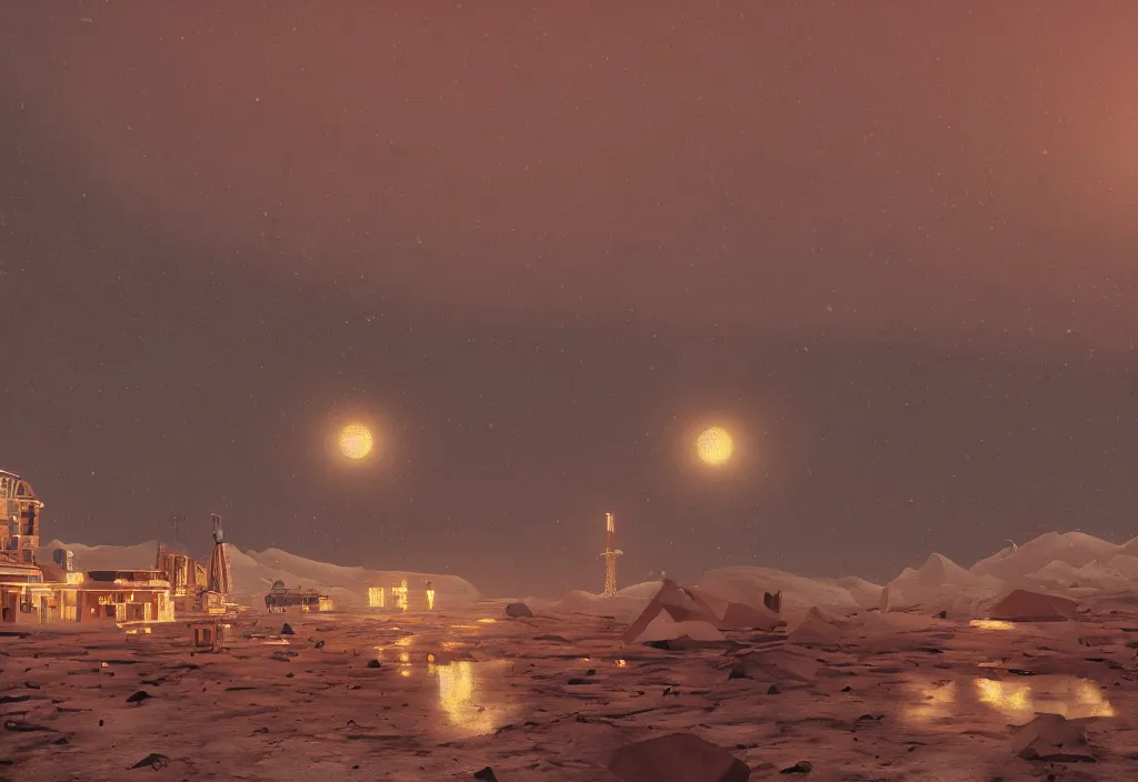 Prompt: accidentally wes anderson award - winning photograph of a russian city on the moon, art by greg rutkowsky, trending on artstation, cinematic lighting, filmic grain, golden hour, detailed, 4 k