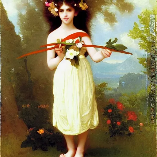 Image similar to An anthropomorphic fox girl with flowers in a dress, by Thomas Cole, William-Adolph Bouguereau, and John Singer Sargent, fox girl holding flowers