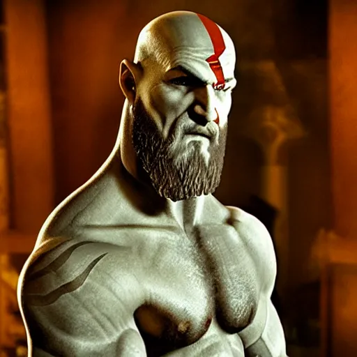 Prompt: “ still of Kratos the god of war in stand church glass”